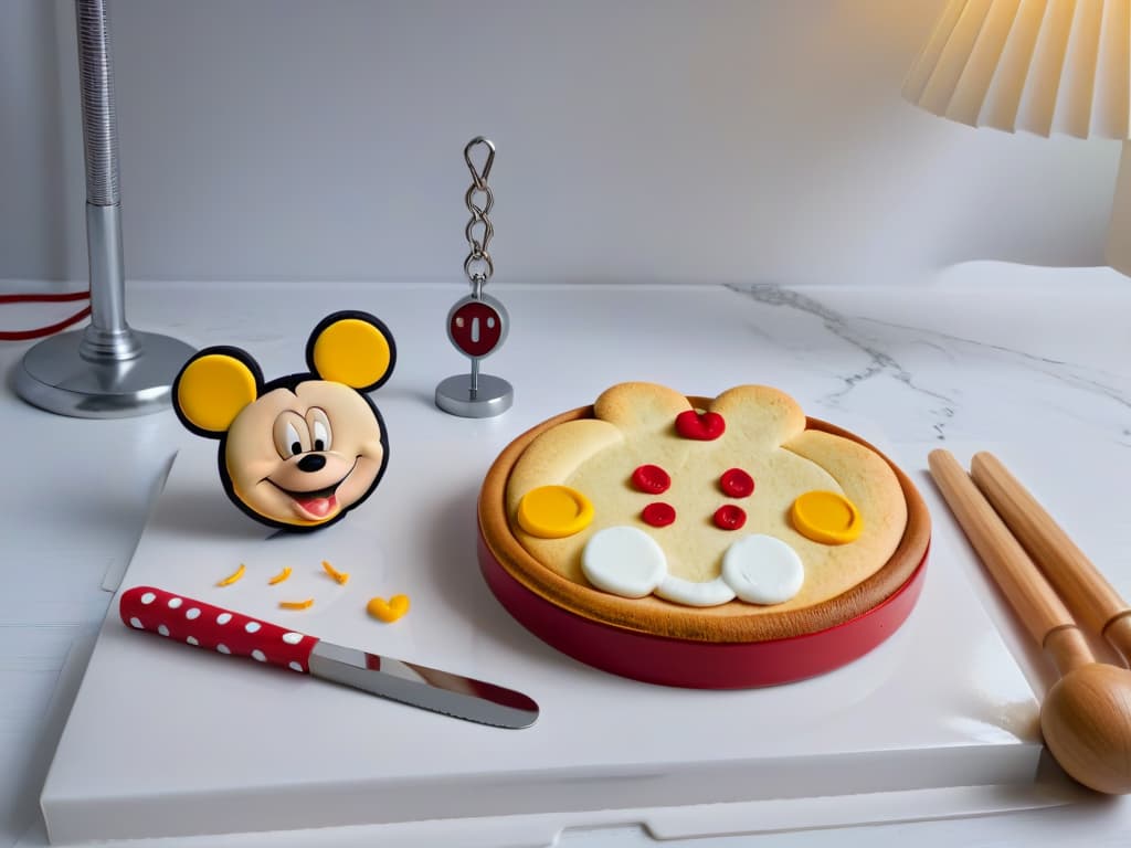  A photorealistic image of a set of Mickey Mousethemed baking utensils arranged neatly on a pristine marble countertop, showcasing a rolling pin, cookie cutters, measuring spoons, and a whisk all adorned with iconic Mickey Mouse ears and redandwhite polka dot accents. The utensils gleam under the warm glow of a hanging pendant light, casting soft shadows on the smooth surface, creating a whimsical yet professional atmosphere perfect for inspiring bakers of all levels. hyperrealistic, full body, detailed clothing, highly detailed, cinematic lighting, stunningly beautiful, intricate, sharp focus, f/1. 8, 85mm, (centered image composition), (professionally color graded), ((bright soft diffused light)), volumetric fog, trending on instagram, trending on tumblr, HDR 4K, 8K