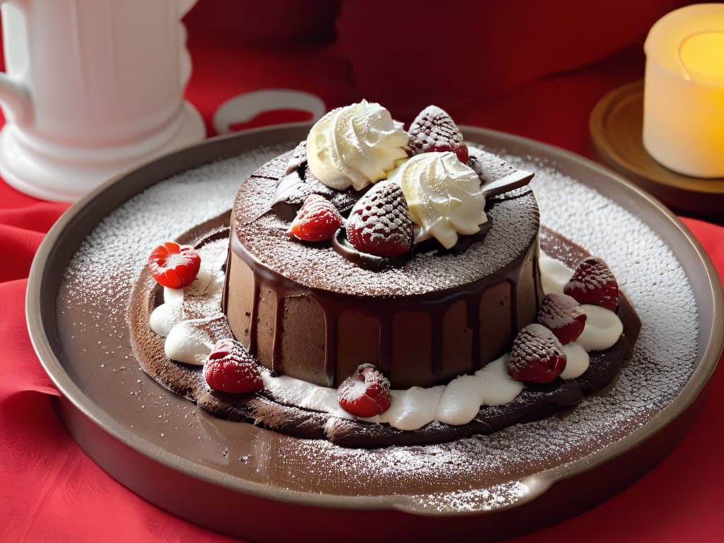  An ultradetailed closeup image of a decadent chocolate lava cake oozing with warm melted chocolate, topped with a scoop of creamy vanilla ice cream and garnished with fresh raspberries and a dusting of powdered sugar. The dark, glossy chocolate contrasts beautifully with the vibrant red of the raspberries, all set against a clean, white minimalist background to enhance the visual appeal and highlight the indulgent nature of dessert festivals. hyperrealistic, full body, detailed clothing, highly detailed, cinematic lighting, stunningly beautiful, intricate, sharp focus, f/1. 8, 85mm, (centered image composition), (professionally color graded), ((bright soft diffused light)), volumetric fog, trending on instagram, trending on tumblr, HDR 4K, 8K