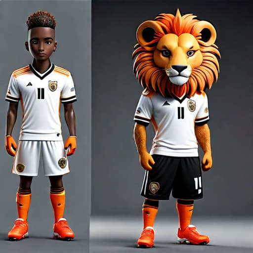  A mascot of a soccer academy that is an imaginary creature that combines the freedom of an eagle, the strength of a lion, the agility of a cheetah, and the friendliness of a dog, standing out in the colors orange, black, and white. hyperrealistic, full body, detailed clothing, highly detailed, cinematic lighting, stunningly beautiful, intricate, sharp focus, f/1. 8, 85mm, (centered image composition), (professionally color graded), ((bright soft diffused light)), volumetric fog, trending on instagram, trending on tumblr, HDR 4K, 8K