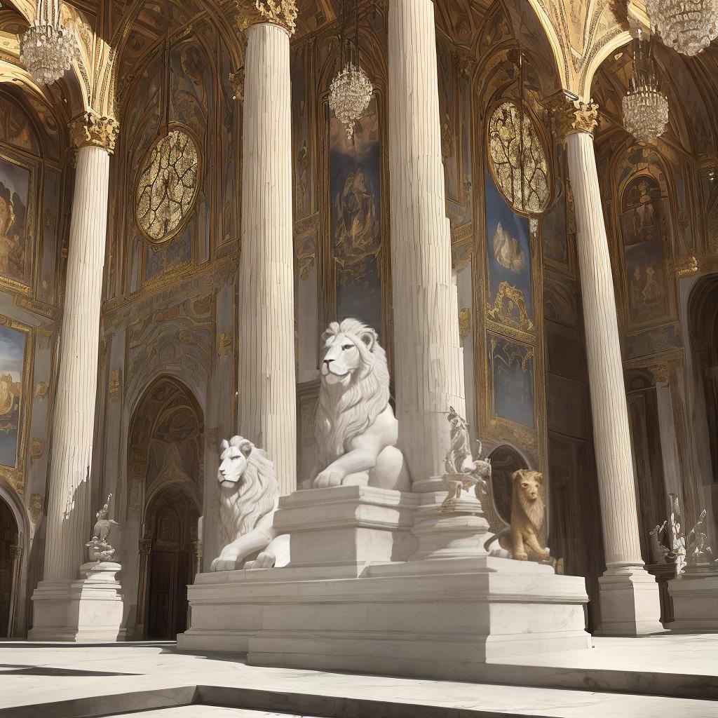  A majestic lion-headed man, reminiscent of the mythical Sphinx, stands tall in a magnificent Romanesque courtyard. The lion-headed man bears a striking resemblance to Julius Caesar, exuding authority and power. His blond hair cascades down his broad shoulders, adding a touch of ethereal beauty to his majesty. The setting is decorated with marble columns and intricate mosaic floors, evoking a sense of grandeur and affluence. The atmosphere is one of majestic power and leadership, filled with reverence and awe. This cue is captured in the style of classical painting, bringing to life the mythological fusion of man and animal. Soft diffuse lighting casts a soft glow on the lion-headed person, a cue that requires the use of high-resolution came