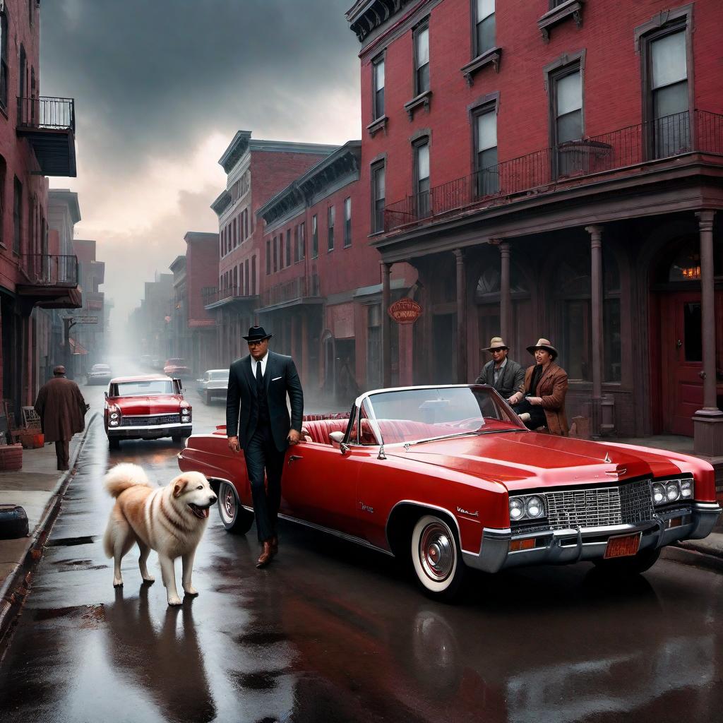  A person and their red-colored Great Pyrenees-Rottweiler mix dog driving together in a 1960s Cadillac, cruising through an eerie and scary town. The atmosphere is tense and mysterious, with a backdrop of old, dilapidated buildings and a foreboding sky. hyperrealistic, full body, detailed clothing, highly detailed, cinematic lighting, stunningly beautiful, intricate, sharp focus, f/1. 8, 85mm, (centered image composition), (professionally color graded), ((bright soft diffused light)), volumetric fog, trending on instagram, trending on tumblr, HDR 4K, 8K