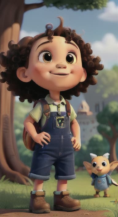  {Riley looking up at the tree with a big smile, animals surrounding them., Riley, a curious with big brown eyes and curly hair, wearing overalls and carrying a small backpack. Their friend, Skye, a bluebird with shiny feathers.