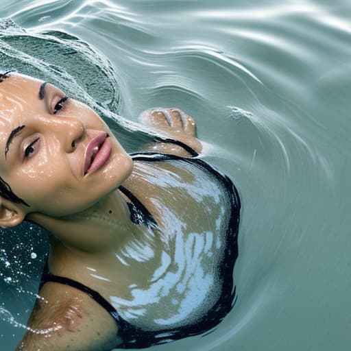  tanned woman's face with short and curly hair is in the water she's drowning