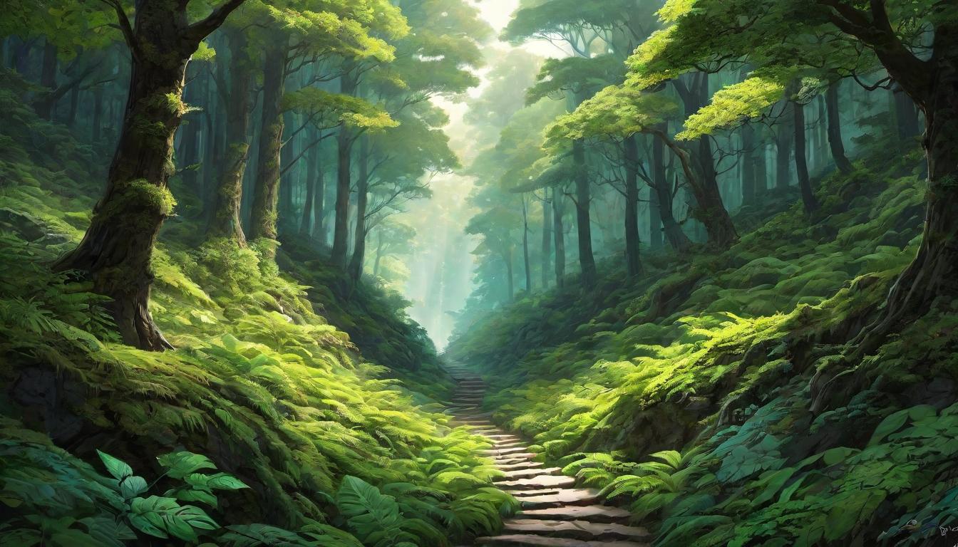  digital illustration, Narrow, winding path through a dense, ancient forest, light filtering through the canopy, guiding steps, journey of discovery, enigmatic pathway, looking at viewer, dynamic pose, (intricate details, masterpiece, best quality)