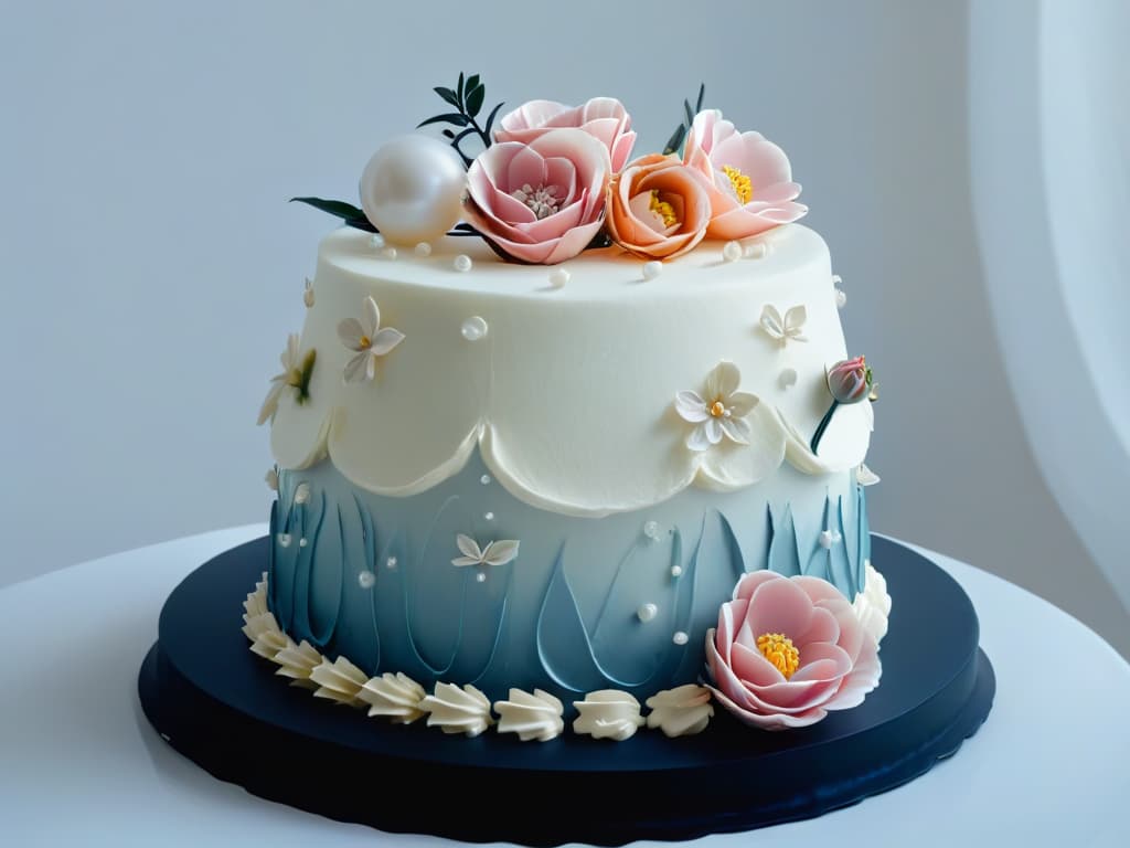  A closeup, ultra highdefinition image of a perfectly frosted and meticulously decorated threetiered cake, showcasing intricate piping work, delicate sugar flowers, and shimmering edible pearls. The cake sits on a sleek, matte black cake stand against a soft, neutral background, emphasizing the artistry and craftsmanship of the confectionery masterpiece. hyperrealistic, full body, detailed clothing, highly detailed, cinematic lighting, stunningly beautiful, intricate, sharp focus, f/1. 8, 85mm, (centered image composition), (professionally color graded), ((bright soft diffused light)), volumetric fog, trending on instagram, trending on tumblr, HDR 4K, 8K