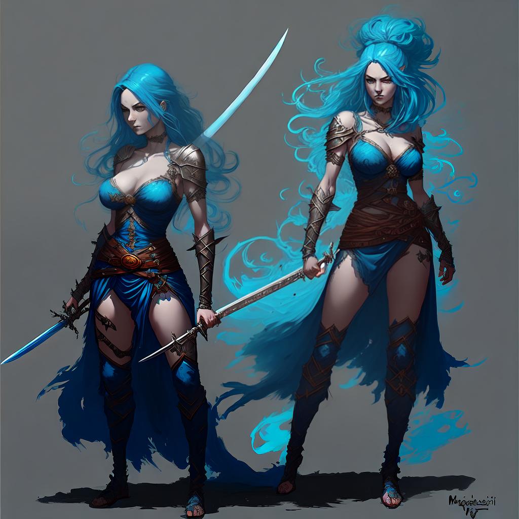  a woman with blue hair and a sword, concept art Magali Vileuve, fantasy art, epic fantasy character art, frank frazetta style painting, heroic fantasy art