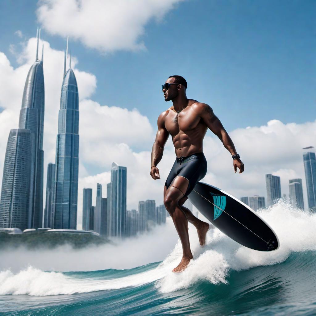  Create an image of a black male with swimming trunks and black shades, riding a black surfboard and surfing into the clouds, with a clear view of a futuristic city of skyscrapers ahead. The scene should convey a sense of adventure and high-tech modernity, combining the surreal experience of surfing amid the clouds with the awe-inspiring architecture of a highly advanced urban skyline. hyperrealistic, full body, detailed clothing, highly detailed, cinematic lighting, stunningly beautiful, intricate, sharp focus, f/1. 8, 85mm, (centered image composition), (professionally color graded), ((bright soft diffused light)), volumetric fog, trending on instagram, trending on tumblr, HDR 4K, 8K