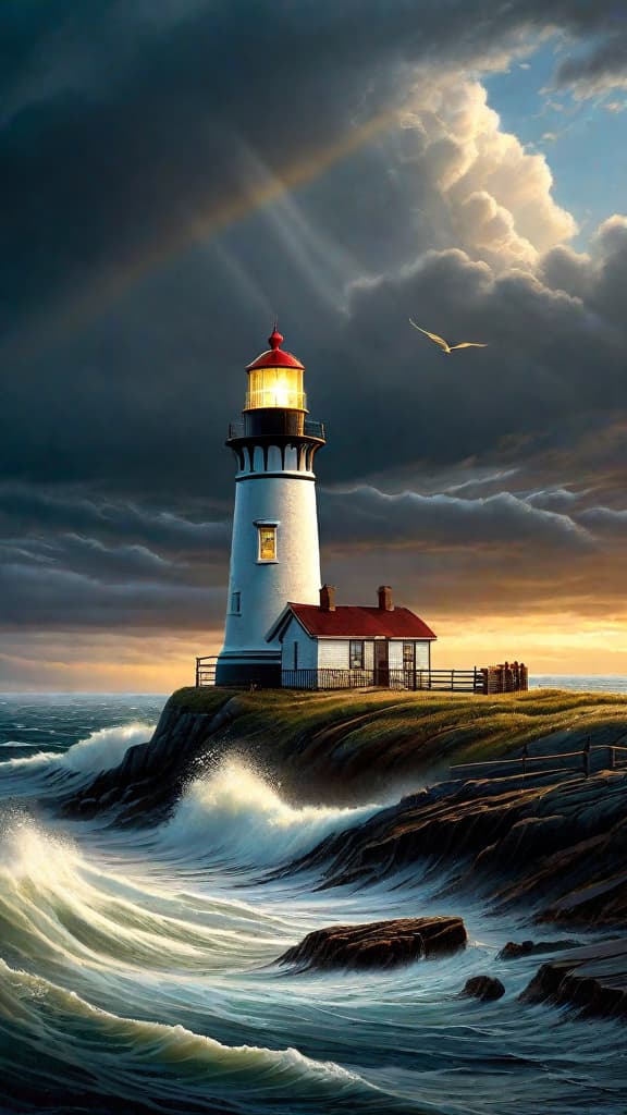  (A picturesque lighthouse standing tall on Merrill Point, its golden beam sweeping across the restless, stormy sea at dusk. The lighthouse keeper, Mr. Hawthorn, ventures out into the wind and rain, following the unusual glimmers of light reflected on the waves that lead him to a weathered, washed up chest covered in ancient carvings.) hyperrealistic, full body, detailed clothing, highly detailed, cinematic lighting, stunningly beautiful, intricate, sharp focus, f/1. 8, 85mm, (centered image composition), (professionally color graded), ((bright soft diffused light)), volumetric fog, trending on instagram, trending on tumblr, HDR 4K, 8K