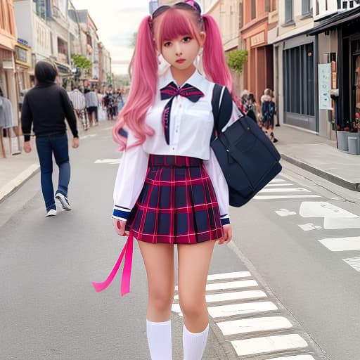  Long Street Hair with Twin Ribbons Hair Strawberry Hair Cute Girl Dating Fashion Mini Skirt Coordinates Uniform