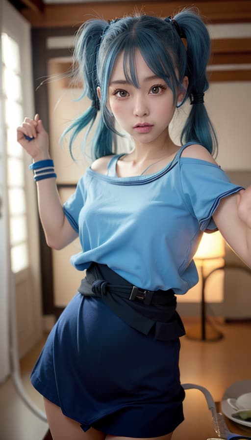  Blue hair, cute, twin tails, beautiful girls, (Masterpiece, BestQuality:1.3), (ultra detailed:1.2), (hyperrealistic:1.3), (RAW photo:1.2),High detail RAW color photo, professional photograph, (Photorealistic:1.4), (realistic:1.4), ,professional lighting, (japanese), beautiful face, (realistic face)