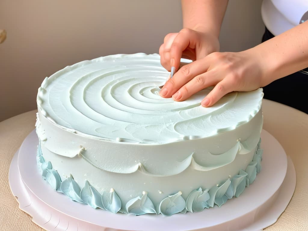  A closeup, highresolution image of a visually impaired baker's hands delicately feeling the texture of a perfectly frosted cake. The baker's fingers are gently tracing the intricate details of piped decorations on the cake's surface, showcasing the determination and precision required to excel in the art of baking despite visual limitations. The image captures the essence of resilience, creativity, and passion in overcoming barriers in the world of pastry arts. hyperrealistic, full body, detailed clothing, highly detailed, cinematic lighting, stunningly beautiful, intricate, sharp focus, f/1. 8, 85mm, (centered image composition), (professionally color graded), ((bright soft diffused light)), volumetric fog, trending on instagram, trending on tumblr, HDR 4K, 8K