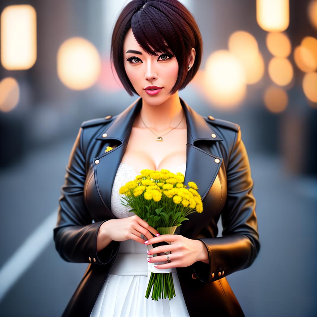  Anime girl with short brown hair and flowers in her hands hyperrealistic, full body, detailed clothing, highly detailed, cinematic lighting, stunningly beautiful, intricate, sharp focus, f/1. 8, 85mm, (centered image composition), (professionally color graded), ((bright soft diffused light)), volumetric fog, trending on instagram, trending on tumblr, HDR 4K, 8K