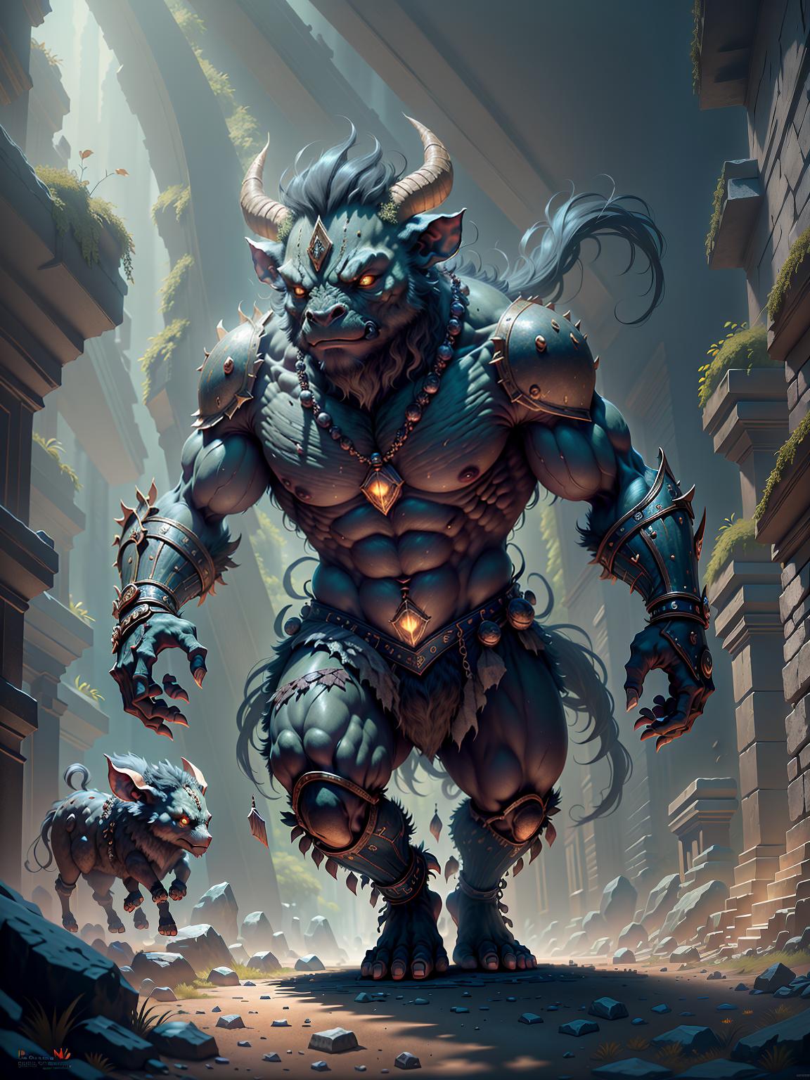  master piece, best quality, ultra detailed, highres, 4k.8k, Minotaur Warrior, Engaging in a fierce battle, Fierce and determined, BREAK A powerful Minotaur warrior on a quest to prove his strength and honor., Ancient Greek ruins, Broken columns, ancient weapons, and cracked stone pedestals, BREAK Tense and foreboding, Dust particles floating in the air, dramatic lighting casting deep shadows, creature00d,Cu73Cre4ture