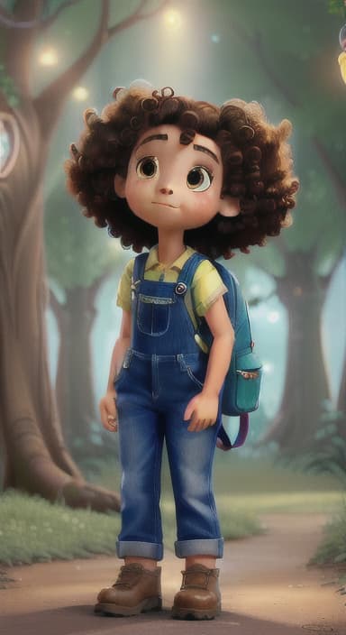  {The tree shining brightly and releasing a gentle, magical light., Riley, a curious with big brown eyes and curly hair, wearing overalls and carrying a small backpack. Their friend, Skye, a bluebird with shiny feathers.