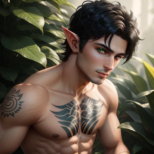  male half-elf with short black hair and green eyes and lots of tattos and has a swimer's build, hyperrealistic, high quality, highly detailed, perfect lighting, intricate, sharp focus, f/1. 8, 85mm, (centered image composition), (professionally color graded), ((bright soft diffused light)), trending on instagram, HDR 4K, 8K