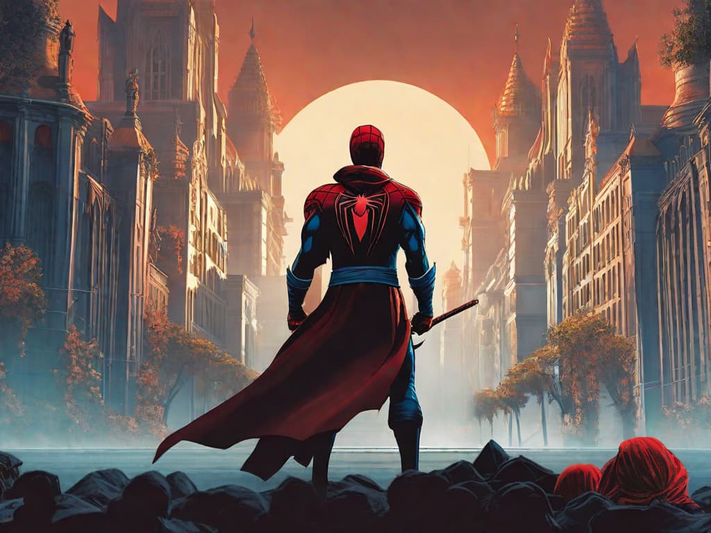  A striking image of Spider-Man and Morbius standing back to back, ready to face a horde of menacing vampires known as the Blood Hunt. The dark, atmospheric setting highlights the tension and danger of their alliance as they prepare to battle this formidable new threat.digital art, ilustration hyperrealistic, full body, detailed clothing, highly detailed, cinematic lighting, stunningly beautiful, intricate, sharp focus, f/1. 8, 85mm, (centered image composition), (professionally color graded), ((bright soft diffused light)), volumetric fog, trending on instagram, trending on tumblr, HDR 4K, 8K