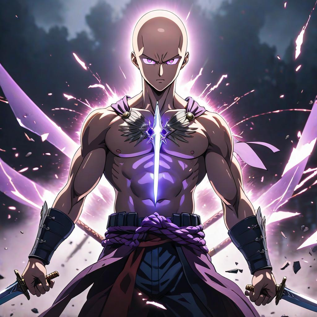  anime artwork a photo of a person surrounded by shattered gl, anime vfx, dark mode, in a cinematic wallpaper, anatomical drawing of saitama, redshift houdini, enter night, in, video game screenshot, ans, blast, animated, There are two swords on his back, glowing purple eyes . anime style, key visual, vint, studio anime, highly detailed hyperrealistic, full body, detailed clothing, highly detailed, cinematic lighting, stunningly beautiful, intricate, sharp focus, f/1. 8, 85mm, (centered image composition), (professionally color graded), ((bright soft diffused light)), volumetric fog, trending on instagram, trending on tumblr, HDR 4K, 8K