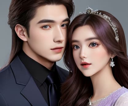  masterpiece, best quality, real image, couple, a handsome man aged 25, wore daek suit. and a beautiful woman, long hair abundant, wore purple dress. romantic gesture.