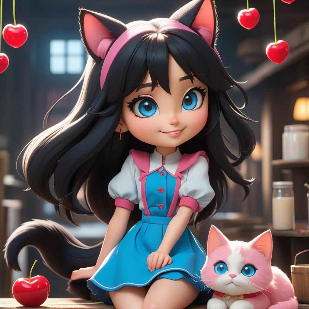  anime artwork A girl with cat ears and a tail, having long straight black hair, is a marionette with damage. Her bright blue eyes have heart shapes and a smiling mouth, standing upright in a pink cardigan and a short pink dress, sipping cherry milk. There are hinges in the joints like a doll. In boots and hats, red. . anime style, key visual, vibrant, studio anime, highly detailed hyperrealistic, full body, detailed clothing, highly detailed, cinematic lighting, stunningly beautiful, intricate, sharp focus, f/1. 8, 85mm, (centered image composition), (professionally color graded), ((bright soft diffused light)), volumetric fog, trending on instagram, trending on tumblr, HDR 4K, 8K