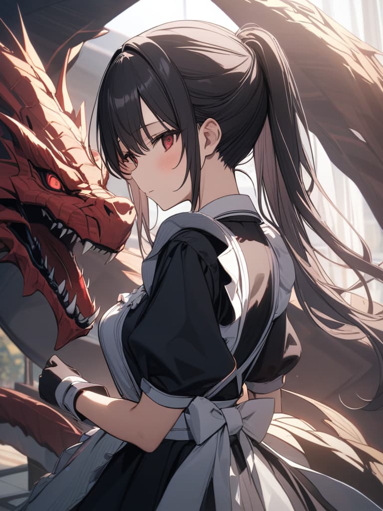  Cute, black hair, maid, dragon, ponytail, red eye, masterpiece, best quality,8k,ultra detailed,high resolution,an extremely delicate and beautiful,hyper detail