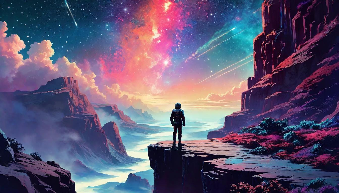  retro futuristic A figure standing at the edge of a cliff, looking towards the sky filled with stars and nebulae, represents a moment of contemplation and readiness for growth, aspirational, expansive lvintage sci fi, 50s and 60s style, atomic age, vibrant, highly detailed