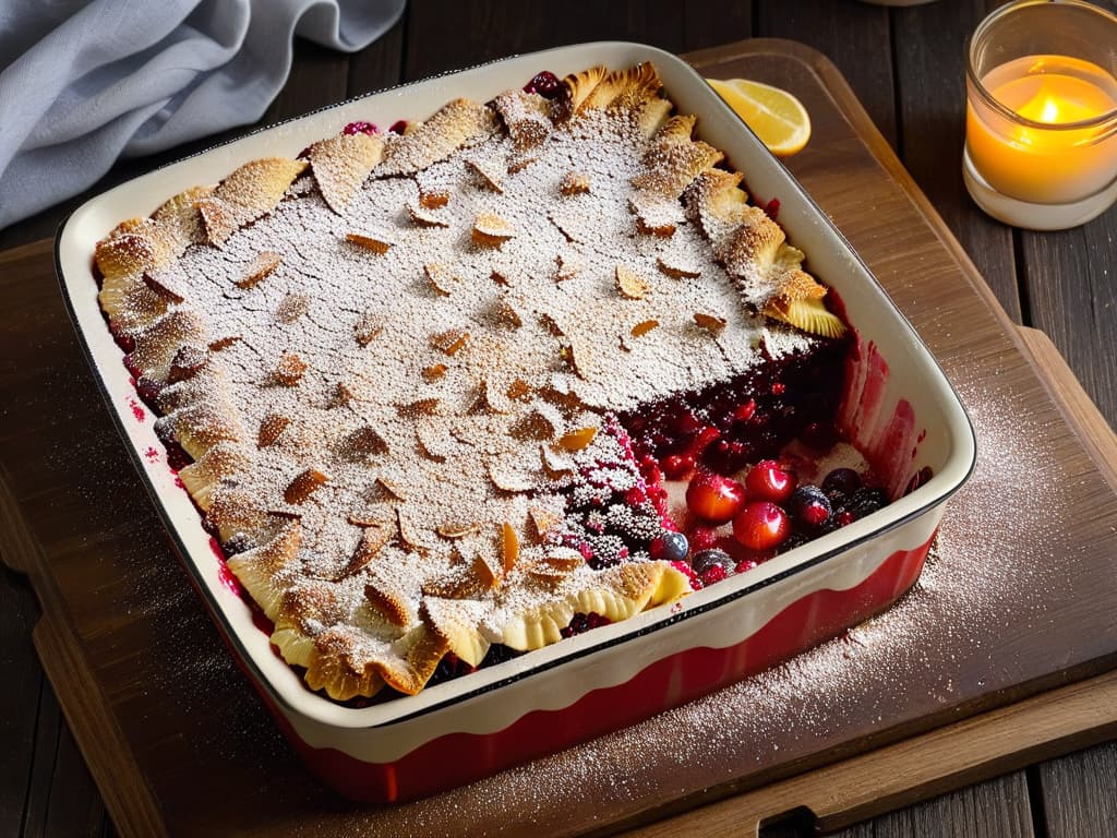  A closeup, ultradetailed image of a freshly baked crumble of red berries, sprinkled with a light dusting of powdered sugar, placed on a rustic wooden table. The crumble is golden brown and the red berries glisten with juices, showcasing a perfect balance between the crispy topping and the luscious fruit filling. The lighting is soft, casting gentle shadows that accentuate the textures of the crumble, inviting the viewer to indulge in the delectable dessert. hyperrealistic, full body, detailed clothing, highly detailed, cinematic lighting, stunningly beautiful, intricate, sharp focus, f/1. 8, 85mm, (centered image composition), (professionally color graded), ((bright soft diffused light)), volumetric fog, trending on instagram, trending on tumblr, HDR 4K, 8K