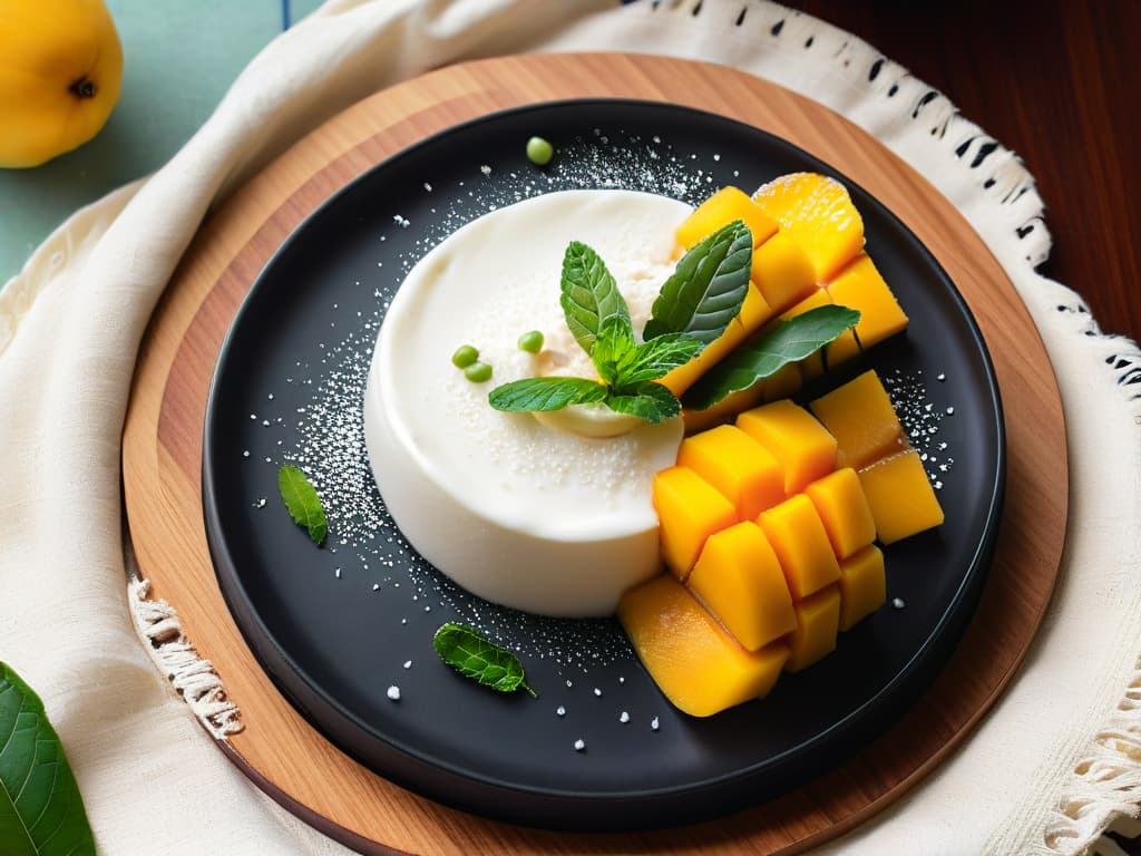  An intricately designed Thai mango sticky rice dessert elegantly plated on a dark, minimalist ceramic dish. The sticky rice glistens under a drizzle of rich coconut cream, adorned with perfectly ripe mango slices arranged in a delicate, symmetrical pattern. The background is subtly blurred, emphasizing the vibrant colors and textures of the dessert, while a single sprig of fresh mint rests beside the dish, adding a pop of contrasting green to the composition. hyperrealistic, full body, detailed clothing, highly detailed, cinematic lighting, stunningly beautiful, intricate, sharp focus, f/1. 8, 85mm, (centered image composition), (professionally color graded), ((bright soft diffused light)), volumetric fog, trending on instagram, trending on tumblr, HDR 4K, 8K