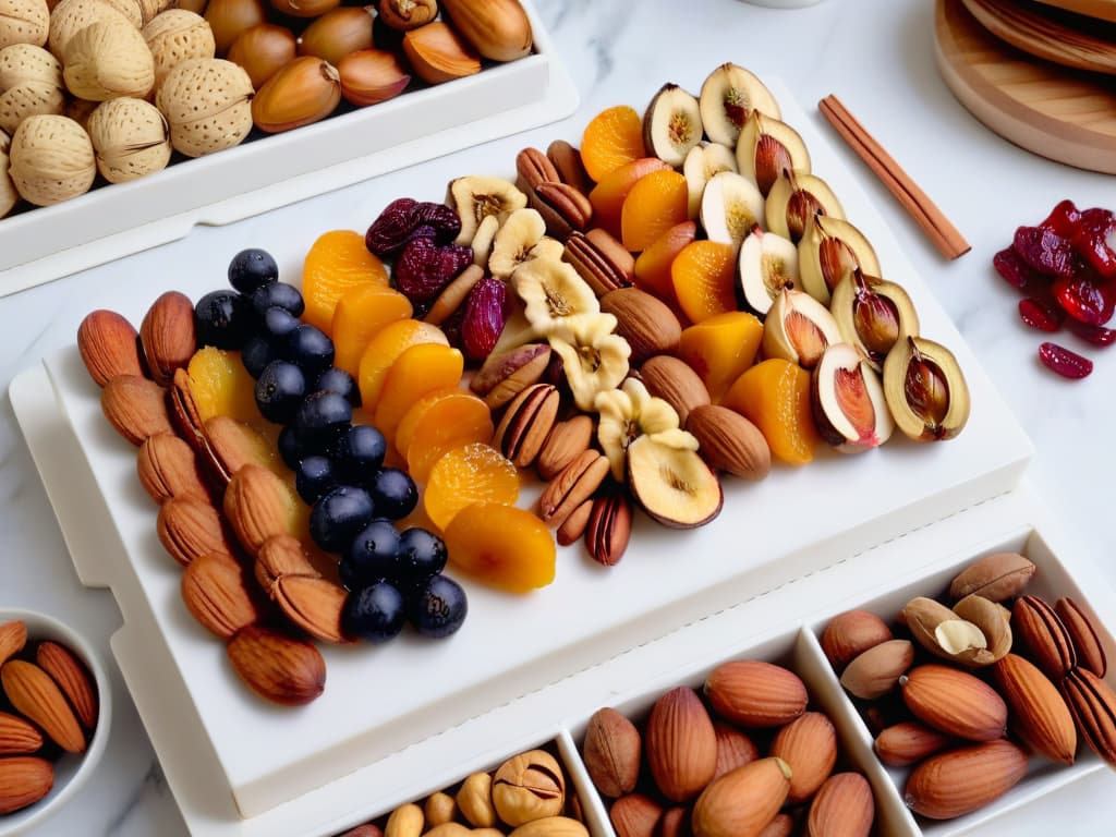  A closeup, ultradetailed image of a variety of premium nuts and dried fruits elegantly arranged on a sleek, modern, and minimalist white marble platter. The nuts include perfectly shelled walnuts, whole almonds, cashews, and hazelnuts, while the dried fruits consist of vibrant apricots, figs, dates, and cranberries. The lighting is soft and natural, highlighting the textures and colors of each item, creating a visually stunning and appetizing composition that exudes quality and sophistication. hyperrealistic, full body, detailed clothing, highly detailed, cinematic lighting, stunningly beautiful, intricate, sharp focus, f/1. 8, 85mm, (centered image composition), (professionally color graded), ((bright soft diffused light)), volumetric fog, trending on instagram, trending on tumblr, HDR 4K, 8K