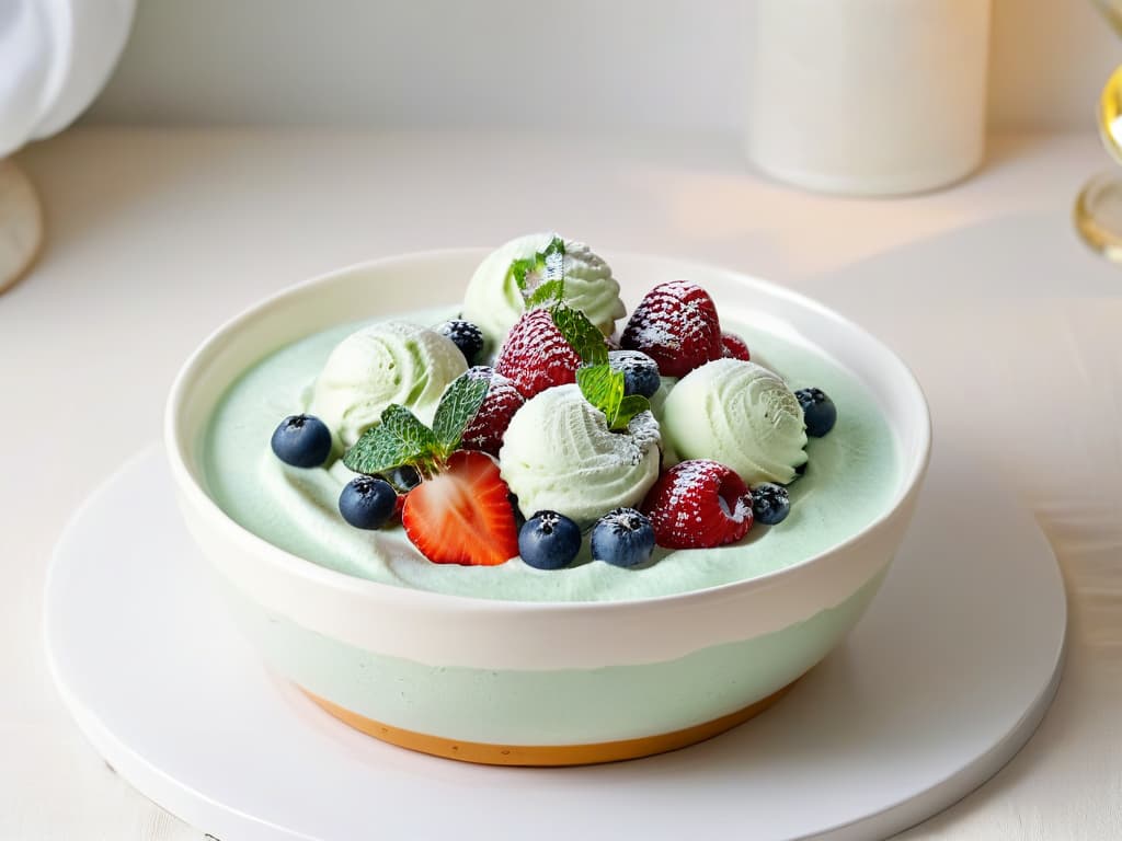  An ultradetailed closeup image of a creamy scoop of homemade ice cream, perfectly swirled and topped with fresh berries and a mint leaf, all set on a sleek, modern white ceramic bowl. The ice cream glistens invitingly under a soft, natural light, showcasing its smooth texture and enticing toppings. hyperrealistic, full body, detailed clothing, highly detailed, cinematic lighting, stunningly beautiful, intricate, sharp focus, f/1. 8, 85mm, (centered image composition), (professionally color graded), ((bright soft diffused light)), volumetric fog, trending on instagram, trending on tumblr, HDR 4K, 8K