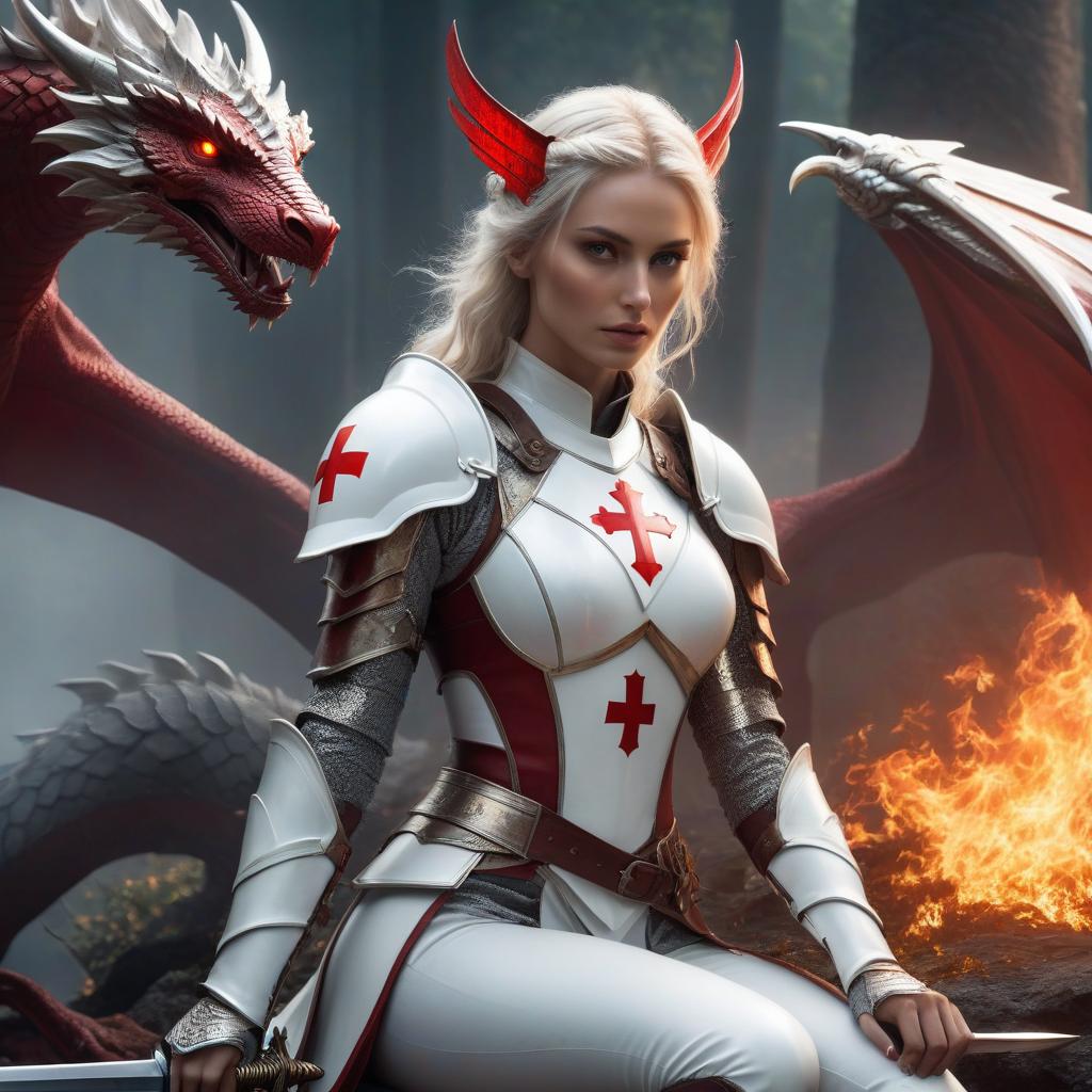  ethereal fantasy concept art of A tall woman, clad in light armor, white colored suit of armor with a red cross emblazoned on her breastplate. Her face is concealed by an iron helmet, her hair reaching up to her shoulders. She sits atop a white dragon. In her right hand, she holds a sword, and in her left hand, emanates redeeming fire. . magnificent, celestial, ethereal, painterly, epic, majestic, magical, fantasy art, cover art, dreamy hyperrealistic, full body, detailed clothing, highly detailed, cinematic lighting, stunningly beautiful, intricate, sharp focus, f/1. 8, 85mm, (centered image composition), (professionally color graded), ((bright soft diffused light)), volumetric fog, trending on instagram, trending on tumblr, HDR 4K, 8K