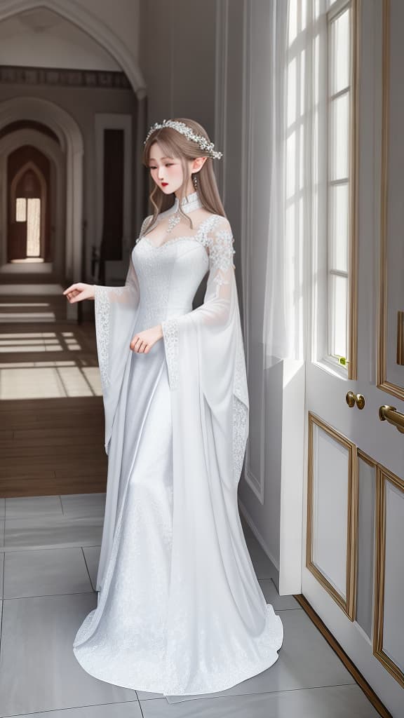  The hall suddenly quieted down, and there appeared at the door a dressed in a white lace evening dress, pure and beautiful like an elf. She was not tall, but elegant and lively.