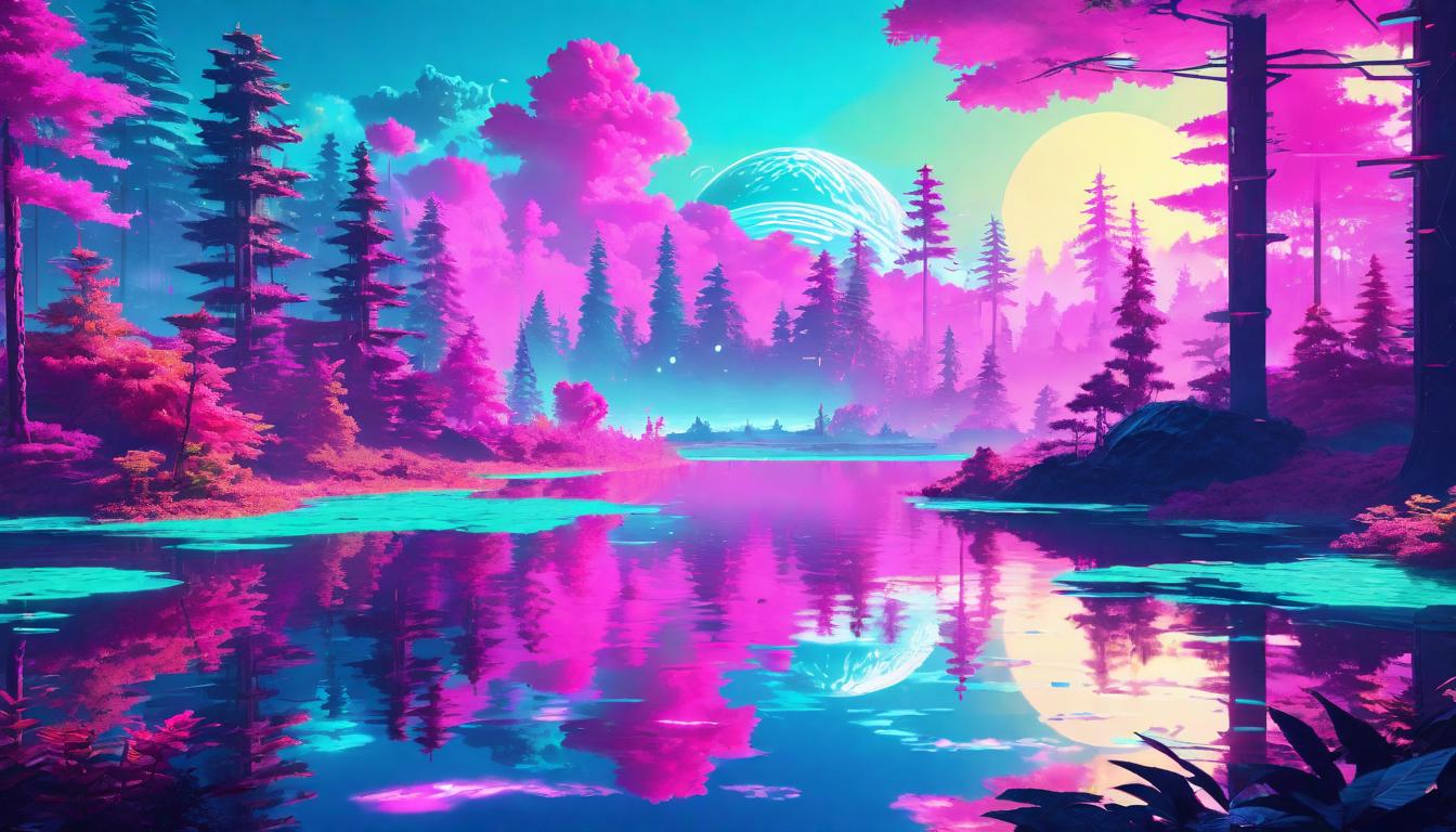  vaporwave,cyberpunk game style A small, tranquil pond, its surface perfectly reflecting the surrounding forest and sky. Calm introspection, world’s distractions faded, mirror to the soul, embracing spiritual essenceeon, dystopian, futuristic, digital, vibrant, detailed, high contrast, reminiscent of cyberpunk genre video games,retro aesthetic, cyberpunk, vibrant, neon colors, vintage 80s and 90s style, highly detailed