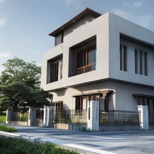 redshift style 3-storey modern residential house architecture, real photos, high quality, green daylight environment, bright colors matching urban green landscape