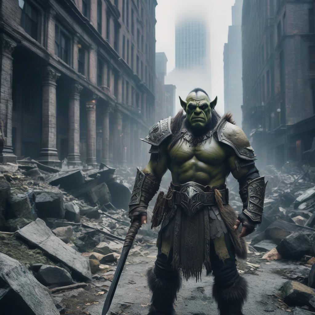  There are evil orcs roaming the ruins of New York City. hyperrealistic, full body, detailed clothing, highly detailed, cinematic lighting, stunningly beautiful, intricate, sharp focus, f/1. 8, 85mm, (centered image composition), (professionally color graded), ((bright soft diffused light)), volumetric fog, trending on instagram, trending on tumblr, HDR 4K, 8K