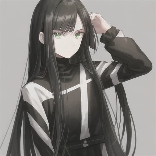  man, black space clothes with white stripes, green eyes, without life view, long black hair