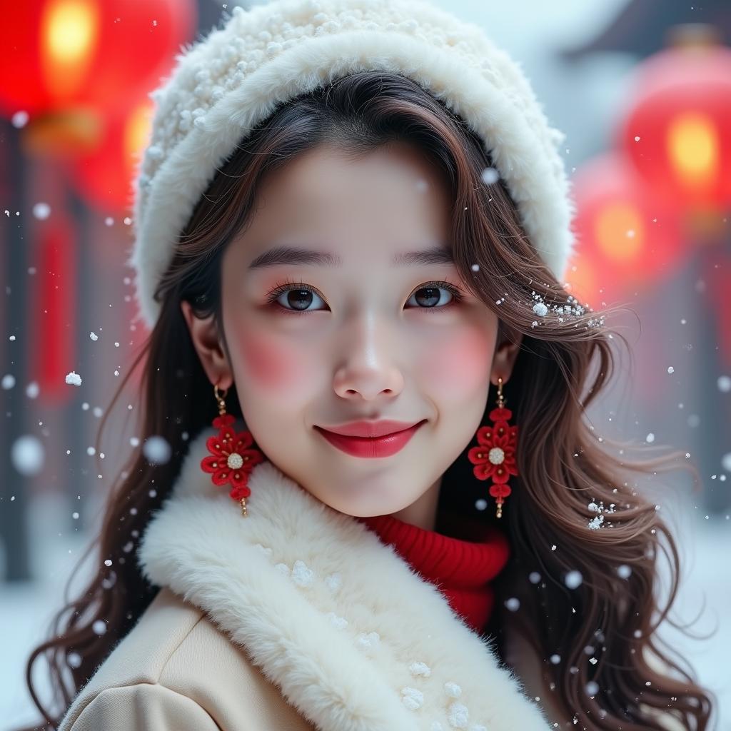  high definition, realistic portrait of a young woman with a soft and inviting expression. her eyes are large and full of light, highlighted with subtle makeup. her cheeks have a natural rosy flush, complementing her gentle smile. her hair, a cascade of wavy locks, is partially covered by a fluffy white hat, indicative of a chilly winter day. she wears elegant, traditional red earrings with intricate floral designs that dangle gracefully. the woman is dressed in a cozy, white winter garment that suggests warmth and comfort, with a hint of a red outfit underneath. snowflakes gently fall around her, adding to the serene winter atmosphere. red lanterns hang in the background, glowing softly amidst the snow, enhancing the festive mood. the overa hyperrealistic, full body, detailed clothing, highly detailed, cinematic lighting, stunningly beautiful, intricate, sharp focus, f/1. 8, 85mm, (centered image composition), (professionally color graded), ((bright soft diffused light)), volumetric fog, trending on instagram, trending on tumblr, HDR 4K, 8K