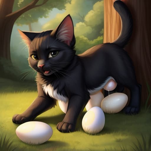  cat, egg, oviposition, black, open eyes, digital art, masterpiece, 4k, fine details,