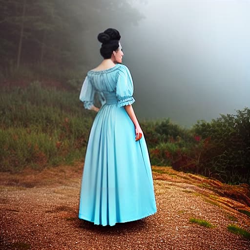  girl with black hair tied in a high bun wearing a light blue 1800s style dress hyperrealistic, full body, detailed clothing, highly detailed, cinematic lighting, stunningly beautiful, intricate, sharp focus, f/1. 8, 85mm, (centered image composition), (professionally color graded), ((bright soft diffused light)), volumetric fog, trending on instagram, trending on tumblr, HDR 4K, 8K