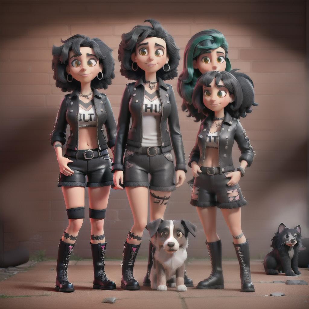  A group of (((border collies dressed as punk rockers standing upright))), all donning black leather jackets, posing confidently against a (distressed brick wall) with an (affable alley cat) sauntering before them, (((NO HUMANS))) hyperrealistic, full body, detailed clothing, highly detailed, cinematic lighting, stunningly beautiful, intricate, sharp focus, f/1. 8, 85mm, (centered image composition), (professionally color graded), ((bright soft diffused light)), volumetric fog, trending on instagram, trending on tumblr, HDR 4K, 8K