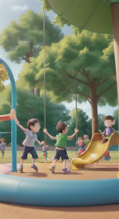  {Children playing in a sunny park with swings and slides., Same group of happy children, now wearing casual play clothes.