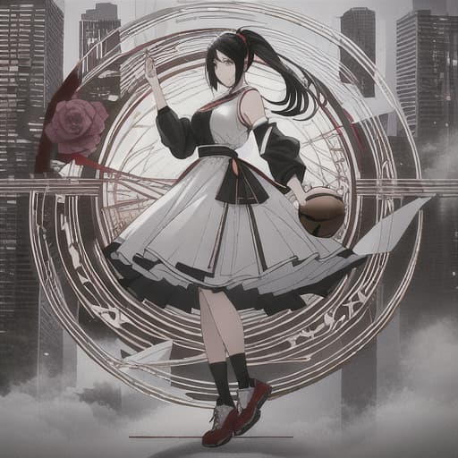  anime girl black hair bright dark brown eyes red and white basketball uniform with the number 18 and the name Nicky white and black shoes Have your hair in a medium high ponytail with two strands on the sides of your ears, have a basketball and look full body Pastel Palette, Da Vinci's Dreams, Picasso's , Sunrise Splendors, Floral Fantasy, Mystical Moonscapes, Urban Nature, Crystal Clear, Cinematic hyperrealistic, full body, detailed clothing, highly detailed, cinematic lighting, stunningly beautiful, intricate, sharp focus, f/1. 8, 85mm, (centered image composition), (professionally color graded), ((bright soft diffused light)), volumetric fog, trending on instagram, trending on tumblr, HDR 4K, 8K