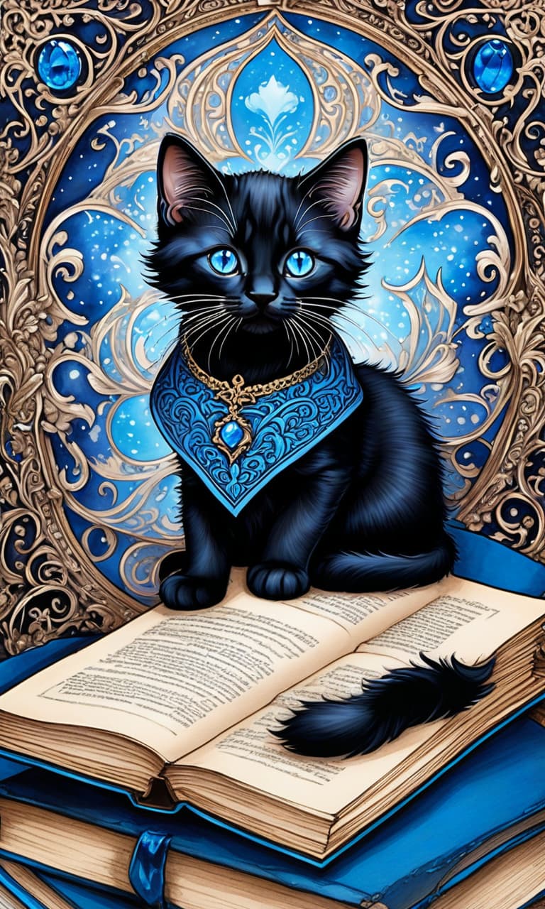  An ink drawing with an ornamental frame in the Baroque style. Distant plan. Art Nouveau style. Fairy tale blue eyed kitten:: black wool (with cybernetic patterns: 1,7):: zentangle. Lying on a stack of books. Magical, cartoonish, positive, dreamy. Background: wizard's room:: with many patterns, ornaments. Styles: elegant, decorative, curvilinear forms, ornate, detailed Art Nouveau with curls and patterns. In the manner of Andrew Jones, Mab Graves, Julie Dillon, Alphonse Mucha, Aubrey Beardsley. High quality. hyperrealistic, full body, detailed clothing, highly detailed, cinematic lighting, stunningly beautiful, intricate, sharp focus, f/1. 8, 85mm, (centered image composition), (professionally color graded), ((bright soft diffused light)), volumetric fog, trending on instagram, trending on tumblr, HDR 4K, 8K