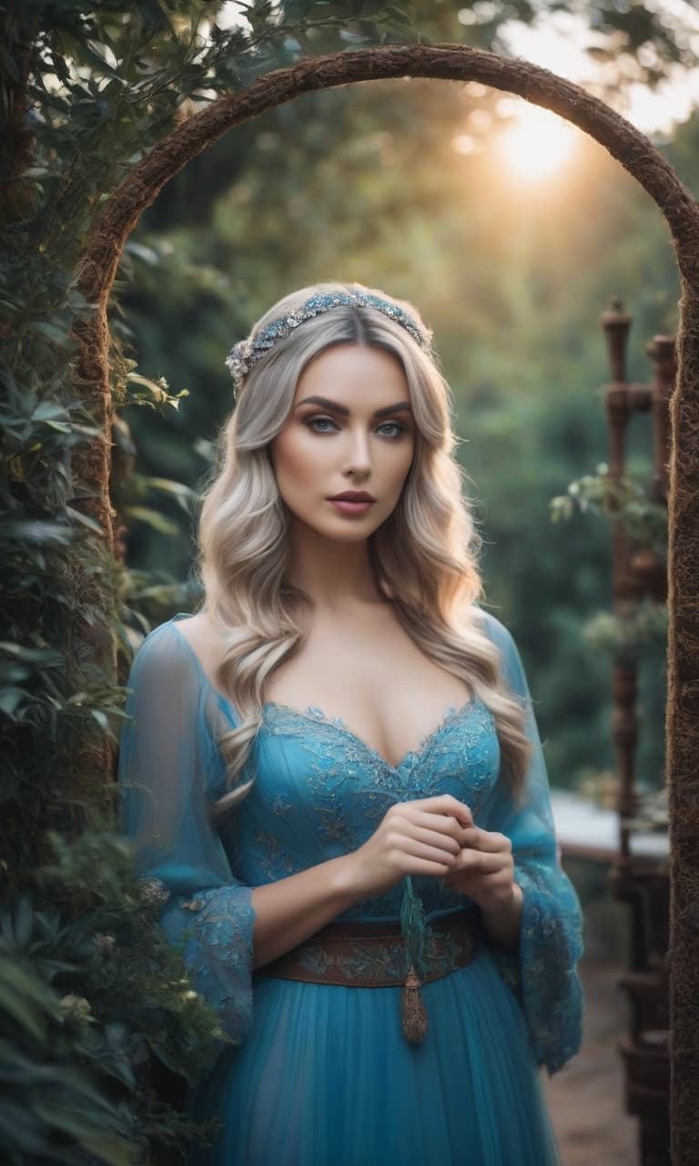  RAW photo, *Baba Yaga looks in the mirror, which displays a beautiful girl with blondy hair and gray eyes in a blue dress*, (high detailed skin:1.2), 8k uhd, dslr, soft lighting, high quality, film grain, Fujifilm XT3 hyperrealistic, full body, detailed clothing, highly detailed, cinematic lighting, stunningly beautiful, intricate, sharp focus, f/1. 8, 85mm, (centered image composition), (professionally color graded), ((bright soft diffused light)), volumetric fog, trending on instagram, trending on tumblr, HDR 4K, 8K