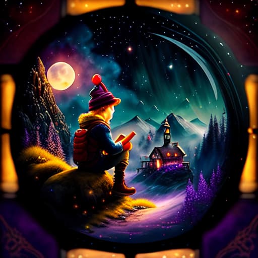  watercolor, storybook, child-book, Young boy sitting on a red broom, looking at a map with a purple hat, night sky with a crescent moon, yellow stars, and a small village below., best quality, very detailed, high resolution, sharp, sharp image hyperrealistic, full body, detailed clothing, highly detailed, cinematic lighting, stunningly beautiful, intricate, sharp focus, f/1. 8, 85mm, (centered image composition), (professionally color graded), ((bright soft diffused light)), volumetric fog, trending on instagram, trending on tumblr, HDR 4K, 8K