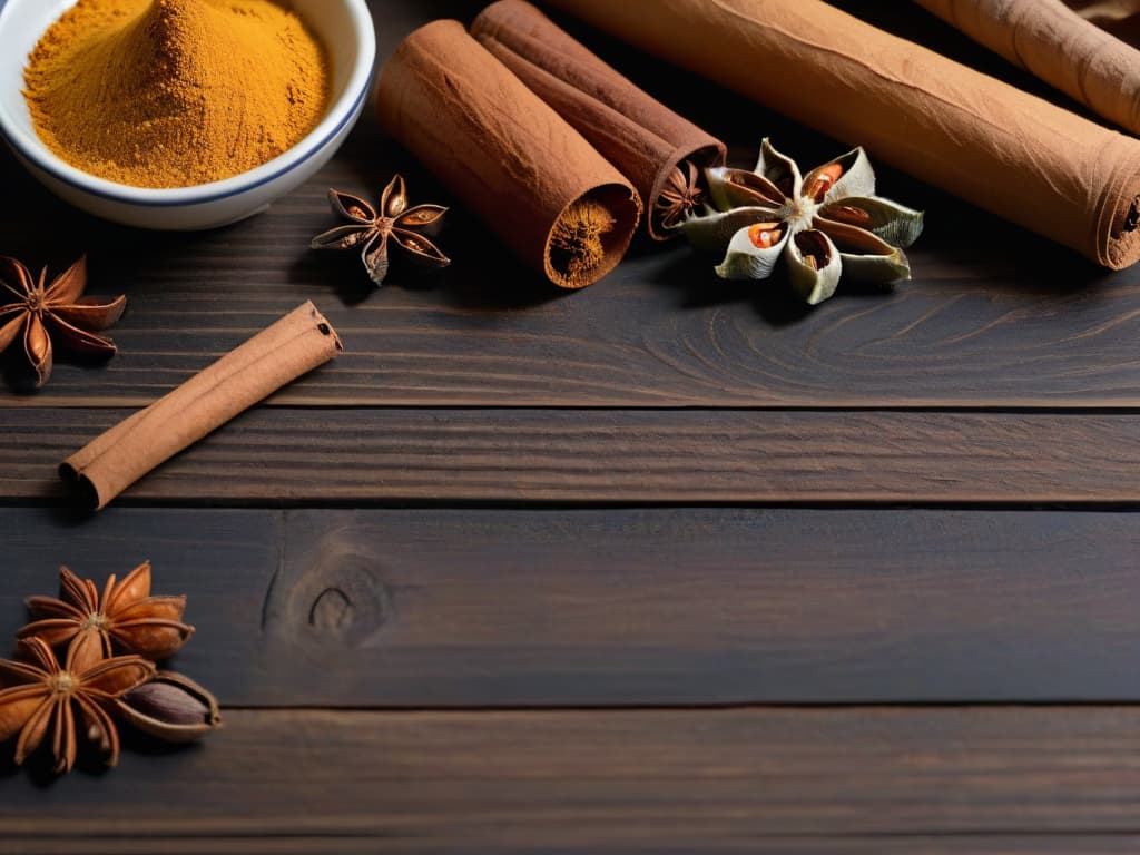  A photorealistic image of a diverse array of sustainably sourced spices, such as cinnamon sticks, star anise, cardamom pods, and vanilla beans, elegantly arranged on a rustic wooden table. The spices are vibrant in color and exude a rich aroma, creating a visually captivating and appetizing scene that epitomizes the essence of sustainable and flavorful dessert ingredients. hyperrealistic, full body, detailed clothing, highly detailed, cinematic lighting, stunningly beautiful, intricate, sharp focus, f/1. 8, 85mm, (centered image composition), (professionally color graded), ((bright soft diffused light)), volumetric fog, trending on instagram, trending on tumblr, HDR 4K, 8K