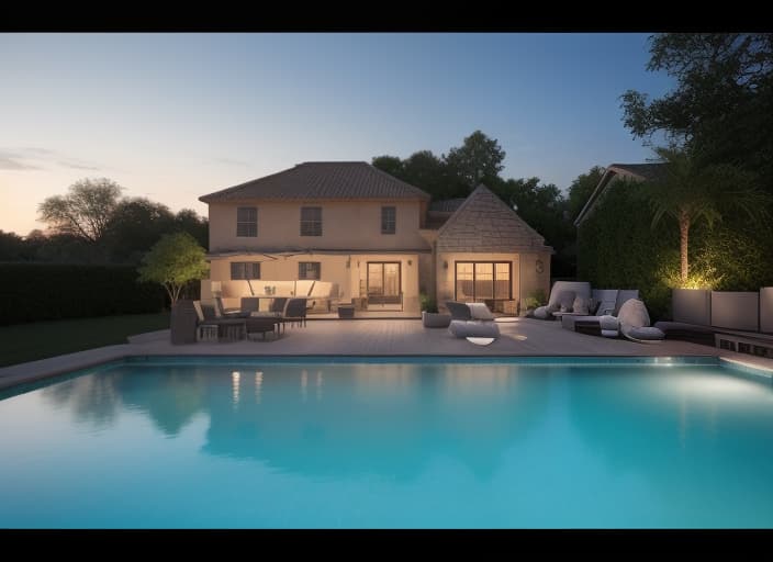  backyard with a 20 ft by 30 ft pool and patio deck, decorated with minimalist spa style, including pergola, fire pit, ambient lighting, photorealistic, contrast, high quality, hyper realistic, clear features, highly detailed, natural lighting, sharp focus, f/1.8, 85mm, high contrast, HDR 4K, 8K