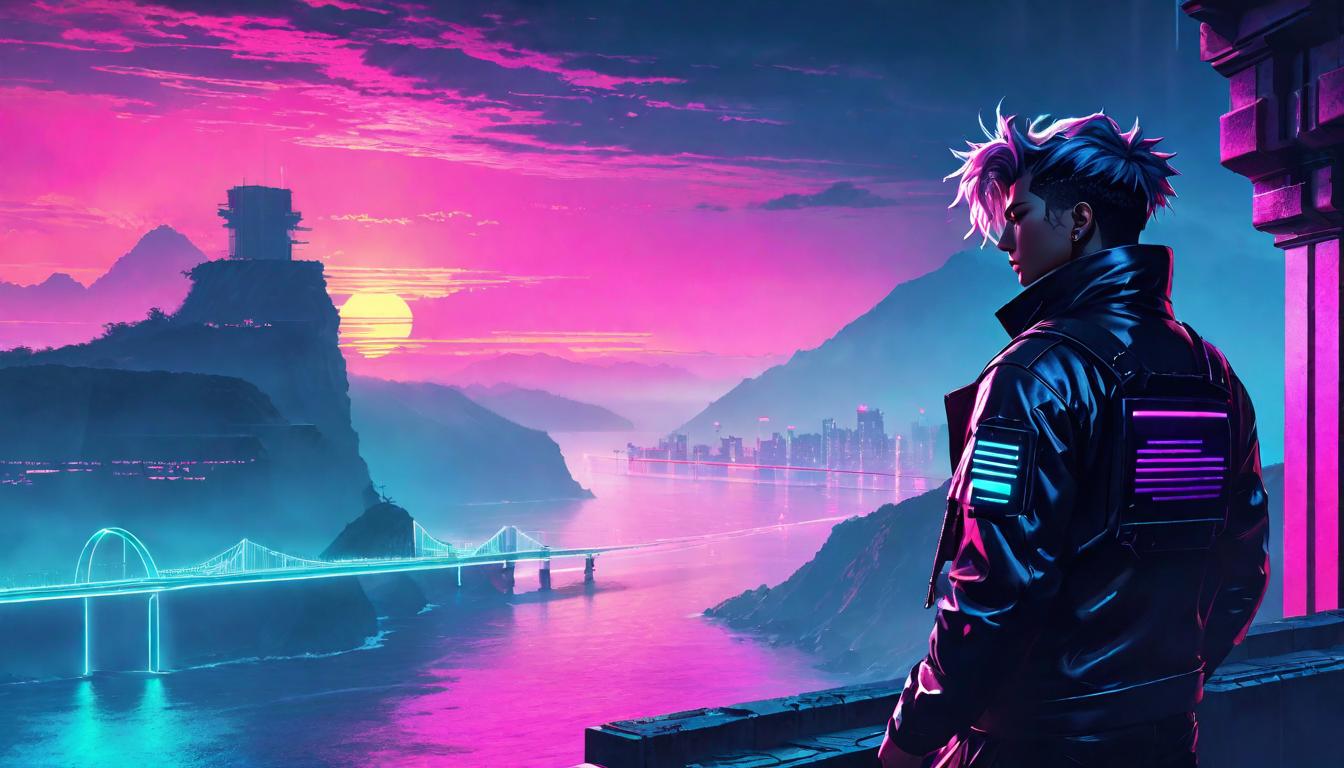  vaporwave,cyberpunk game style A figure, gazing out at an endless sea from a cliff, their body fading into mist, symbolizing detachment. In the background, a disconnected bridge. Mood: contemplative, distant. Style: moody, desaturated colors.eon, dystopian, futuristic, digital, vibrant, detailed, high contrast, reminiscent of cyberpunk genre video games,retro aesthetic, cyberpunk, vibrant, neon colors, vintage 80s and 90s style, highly detailed