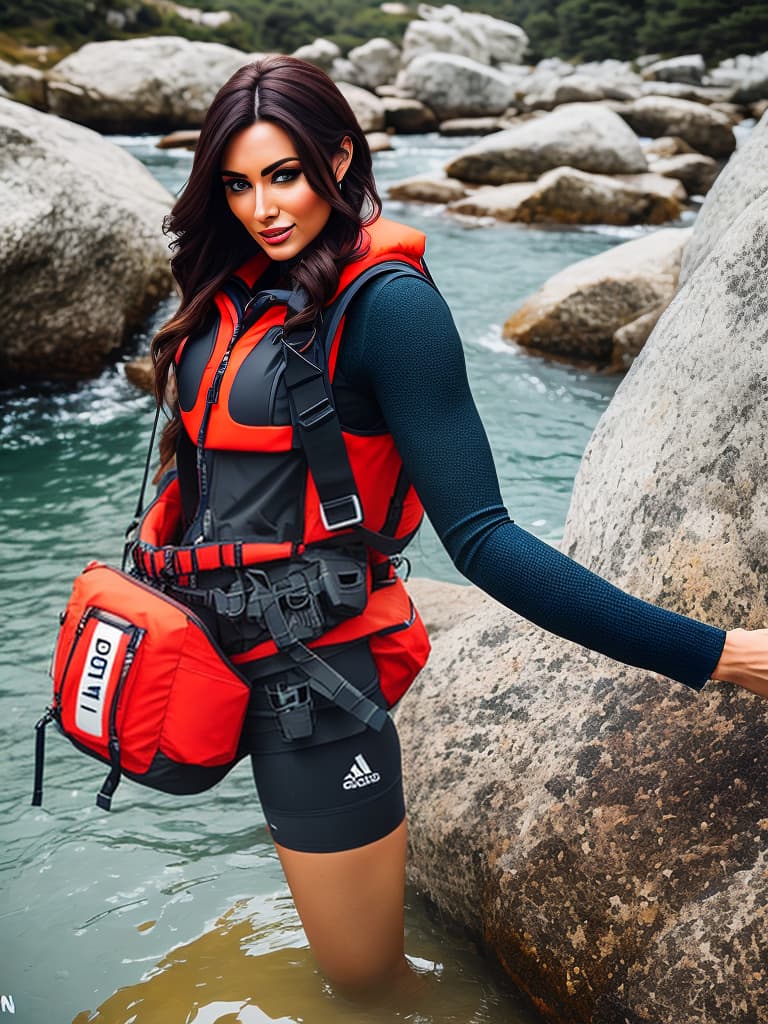  girl using life jacket as a short in upside down hyperrealistic, full body, detailed clothing, highly detailed, cinematic lighting, stunningly beautiful, intricate, sharp focus, f/1. 8, 85mm, (centered image composition), (professionally color graded), ((bright soft diffused light)), volumetric fog, trending on instagram, trending on tumblr, HDR 4K, 8K