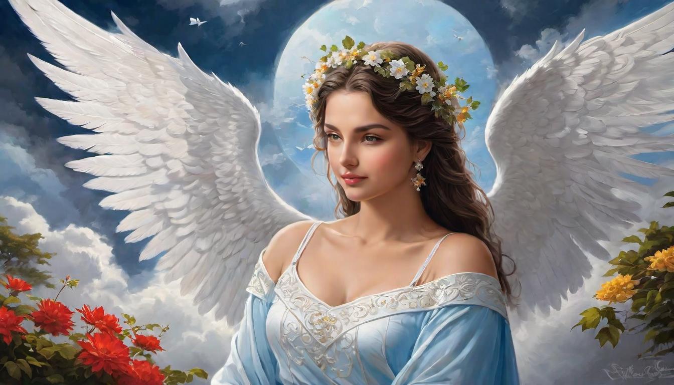  digital painting of Guided by angels, a serene descent, hands gently poised, celestial escort, divine arrival, harmony between heaven and earth looking at viewer, dynamic pose, (intricate details, masterpiece, best quality)