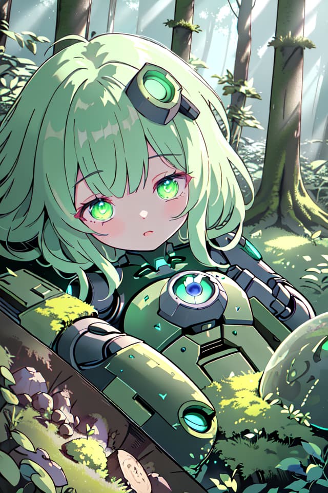  ((Mossy robot, broken robot girl lying in the forest, Half Closed Narrow Eyes)), sprout, Green Hair 1 Girl, (Absurdress, masterpiece, ultimate quality), official art, aesthetic, (diffusion lighting, environment) Lighting), detailed skin texture, best shadow, very detail, colorful, 8k Wallpaper, Raw Photoristic Detailed, Dutch Angle, 💩, 💩, 💩, hyperrealistic, full body, detailed clothing, highly detailed, cinematic lighting, stunningly beautiful, intricate, sharp focus, f/1. 8, 85mm, (centered image composition), (professionally color graded), ((bright soft diffused light)), volumetric fog, trending on instagram, trending on tumblr, HDR 4K, 8K